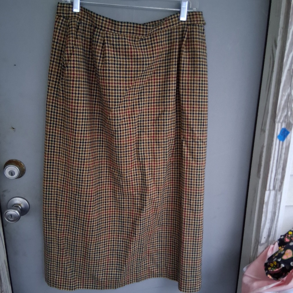 Vintage Pendleton Wool Houndstooth Midi Pencil Skirt Brown Navy Burgundy USA 16